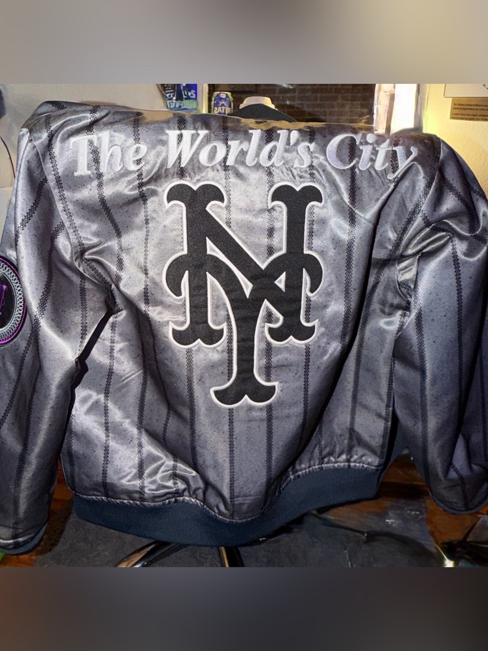 MLB Gray Satin Varsity Jacket with Script Back Logo